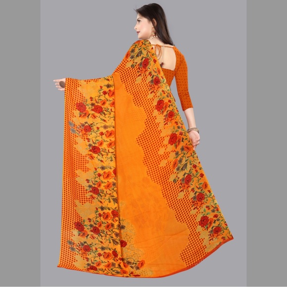 🧡Floral Print Daily Wear Light Weight Georgette Saree with Unstitched Blouse🧡 - Picture 2 of 5